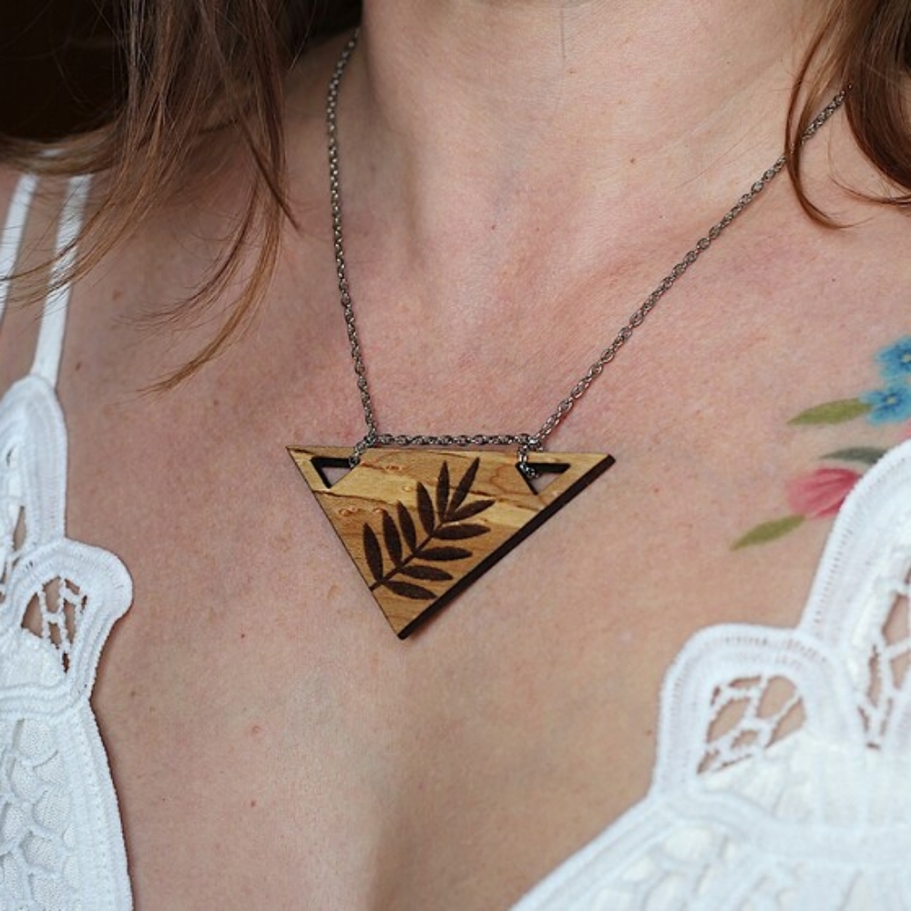 Handmade Wood necklace, fern pendant